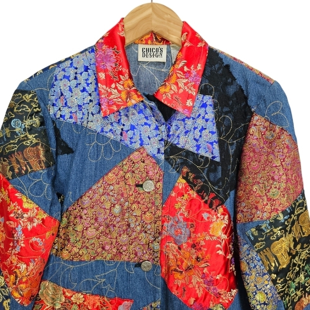 Chicos Patchwork Denim Jacket Womens Size Small Boho Jacquard Festival Vintage - Picture 11 of 16